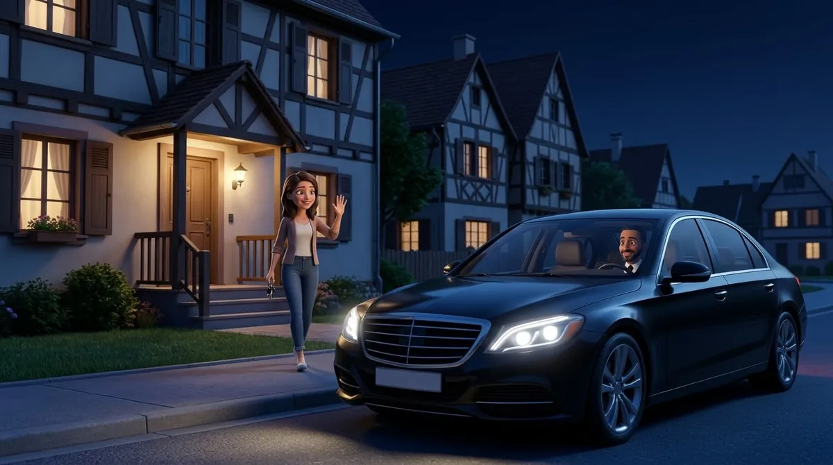 Cliente bien rentrée chez elle, saluant son chauffeur Adel VTC