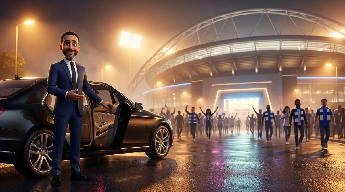 Chauffeur Adel VTC devant sa berline, un soir de match au stade
