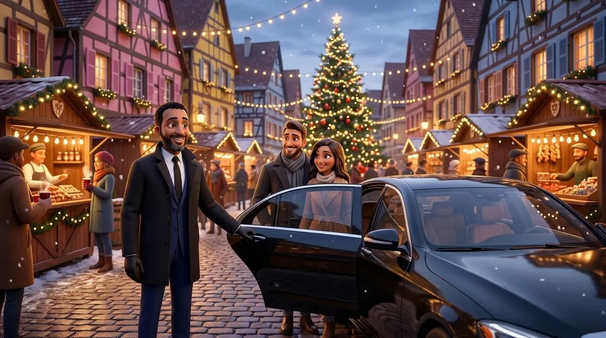 Chauffeur Adel VTC ouvrant la portière à un couple au marché de Noël d'Alsace